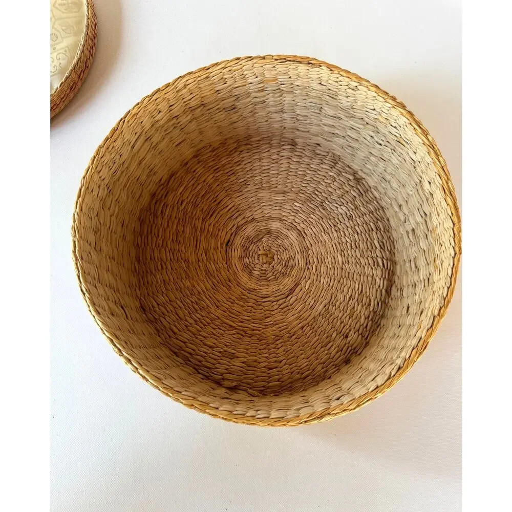 Vintage Handwoven Lidded Sweetgrass Basket with Colorful Geometric Design